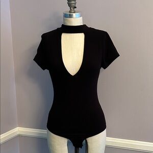 Bozzolo Black Choker Deep V front and back Sort Sleeve Bodysuit Cotton Blend